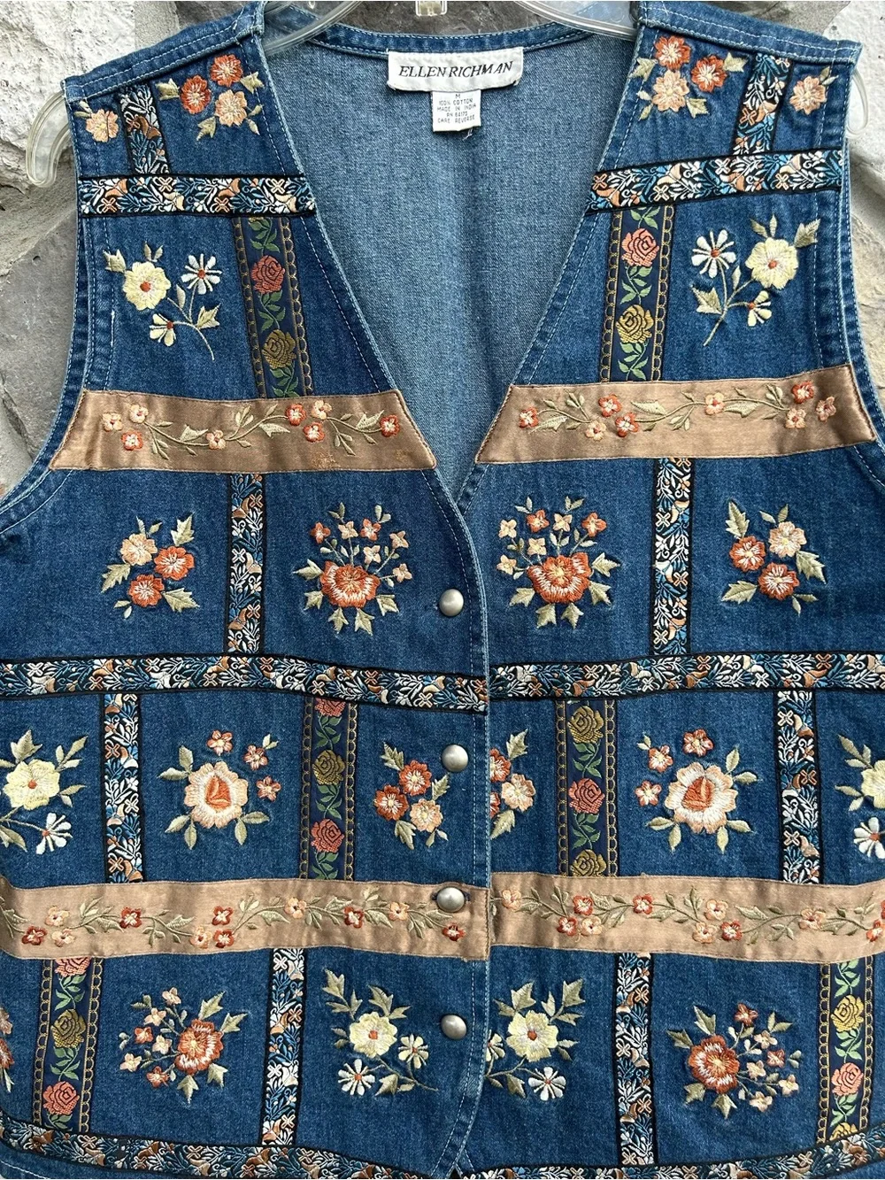 Vintage Embroidered Denim Vest Size M Women Stunning Cottagecore Statement Piece